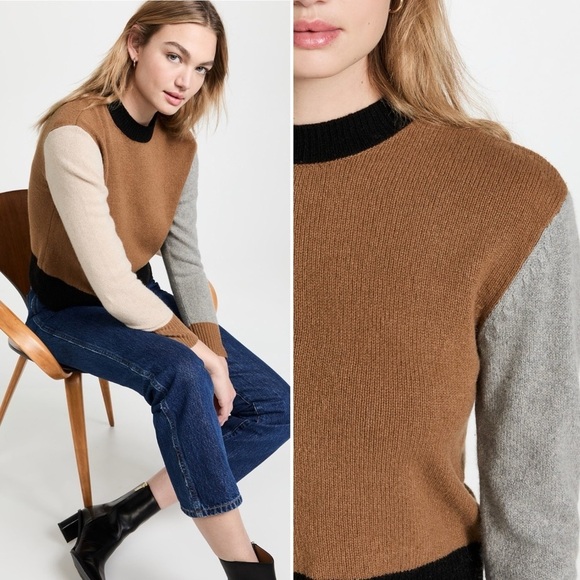 Frame Cashmere Colorblock Sweater Pullover Crew Neck Knit Classic Preppy Brown L - Picture 1 of 16